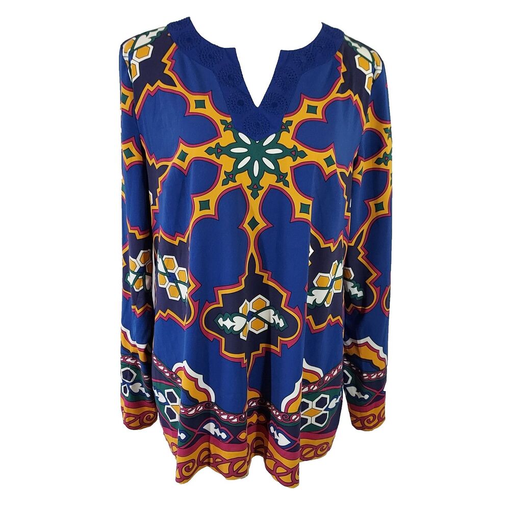 Nicole Miller Tunic Top Shirt Size Large Retro Stretch Lightweight Split V Neck